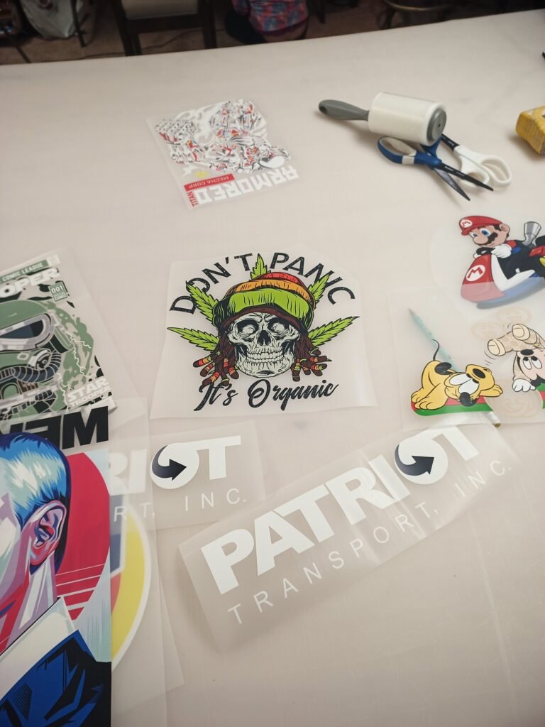 Colorful brand stickers on desk