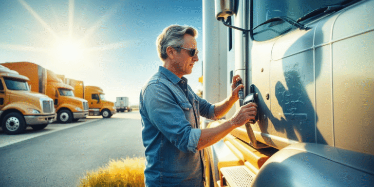 A man is applying DOT signs to the truck door